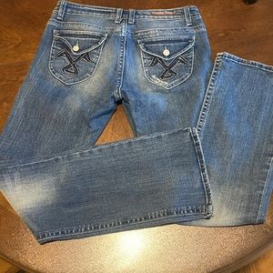 Vigoss Blue flap over sequenced back pockets Bootcut distressed jeans size 9/10